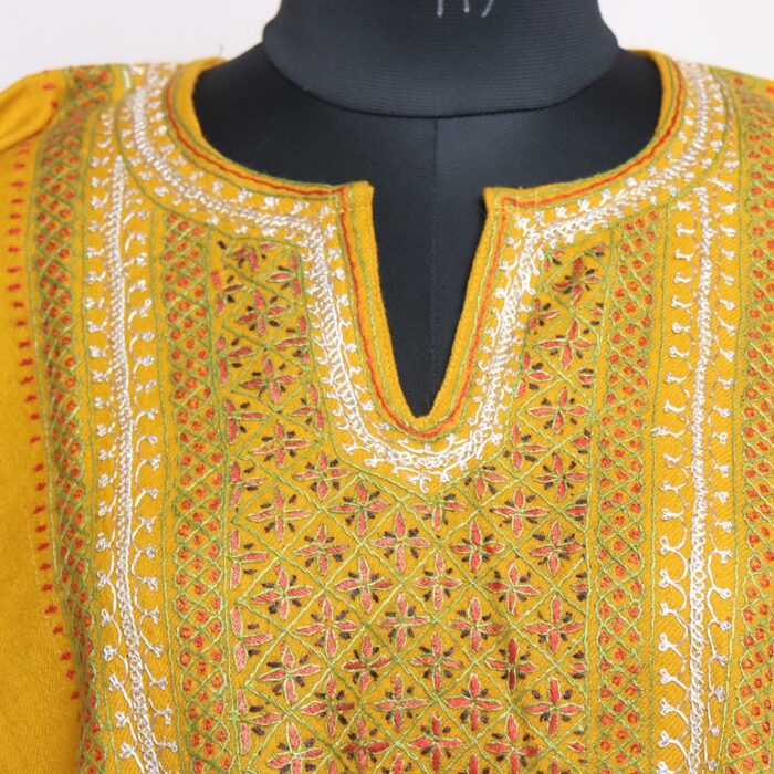 Light Mustard Handwork Tilla and Sozni Raffal Pheran with Stole - Image 3