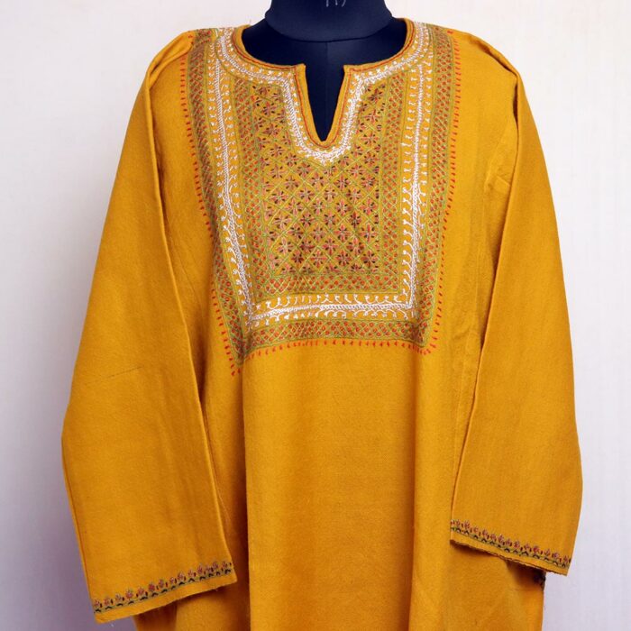 Light Mustard Handwork Tilla and Sozni Raffal Pheran with Stole - Image 4