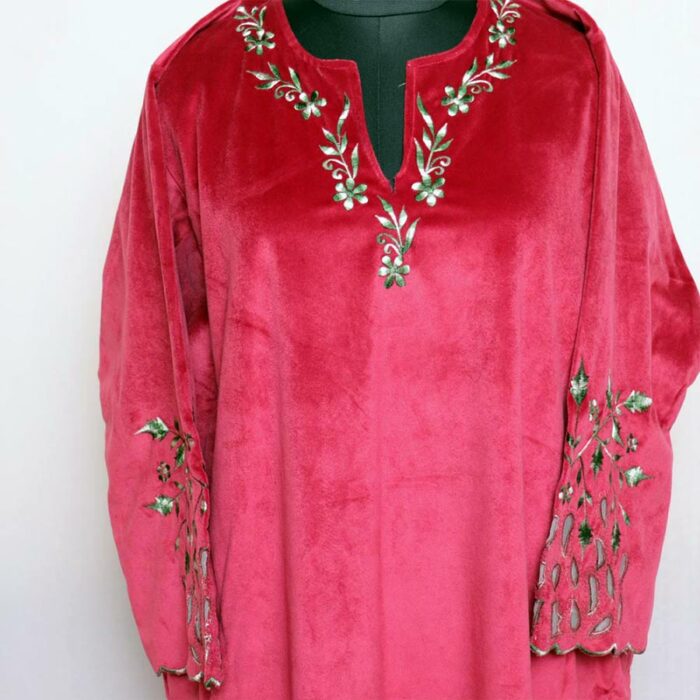 Maroon Velvet Cutwork Pheran - Image 2