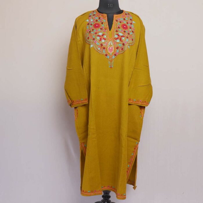 Mustard Aari Handwork Raffal Pheran - Image 2