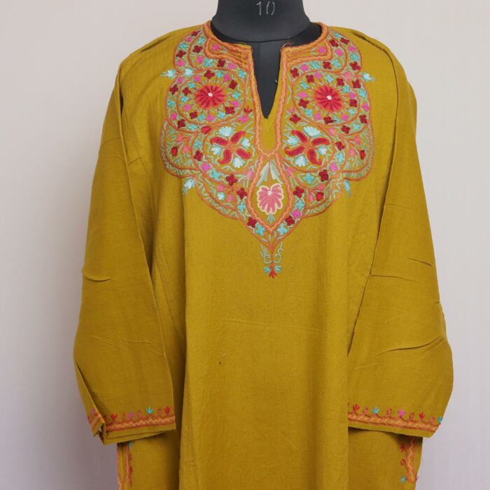 Mustard Aari Handwork Raffal Pheran