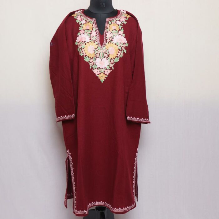 Maroon Bodh Posh Cashmilon Aari Pheran - Image 2