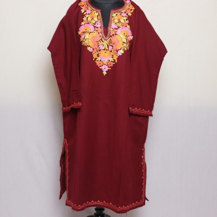 Maroon Bangi Cashmilon Aari Pheran - Image 2