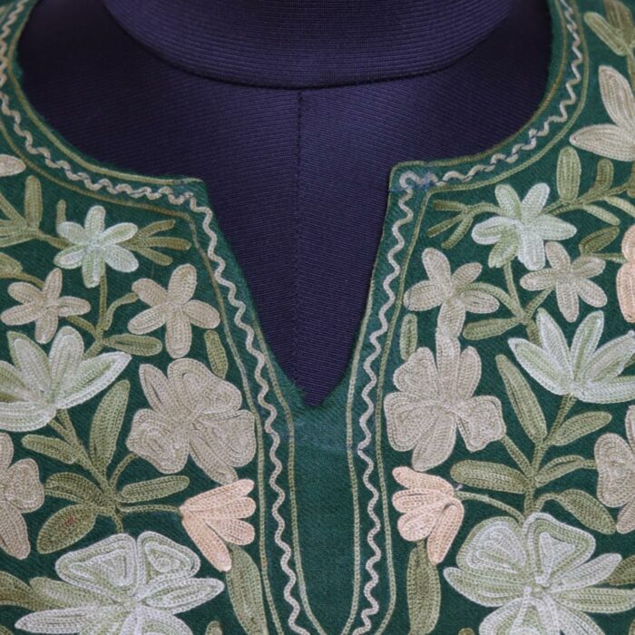 Dark Green Raffal Aari Border Pheran - Image 3