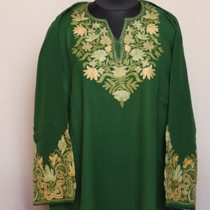 Dark Green Raffal Aari Border Pheran - Image 2