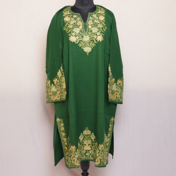 Dark Green Raffal Aari Border Pheran