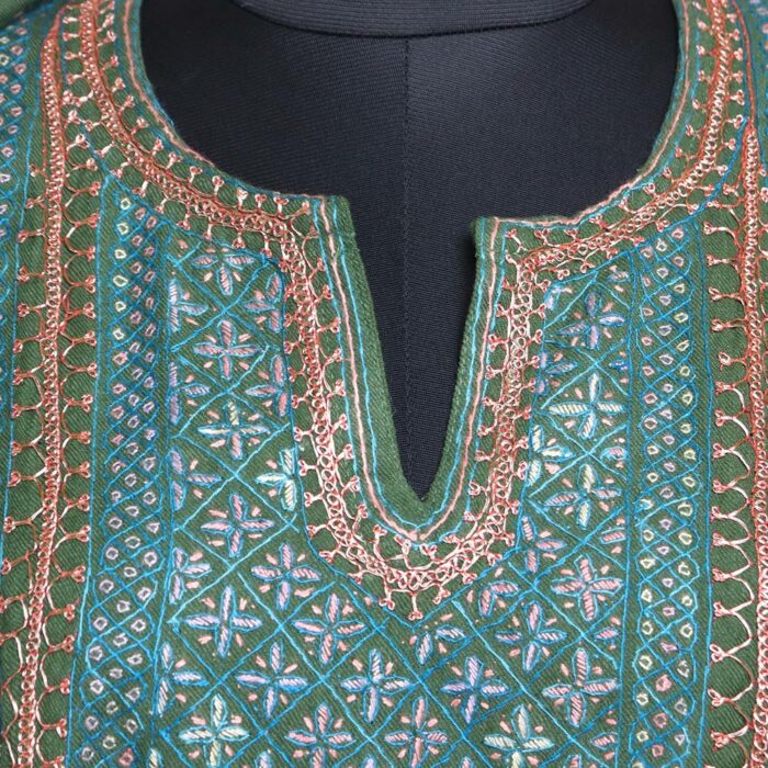Dark Green Handwork Tilla and Sozni Raffal Pheran with Stole - Image 3