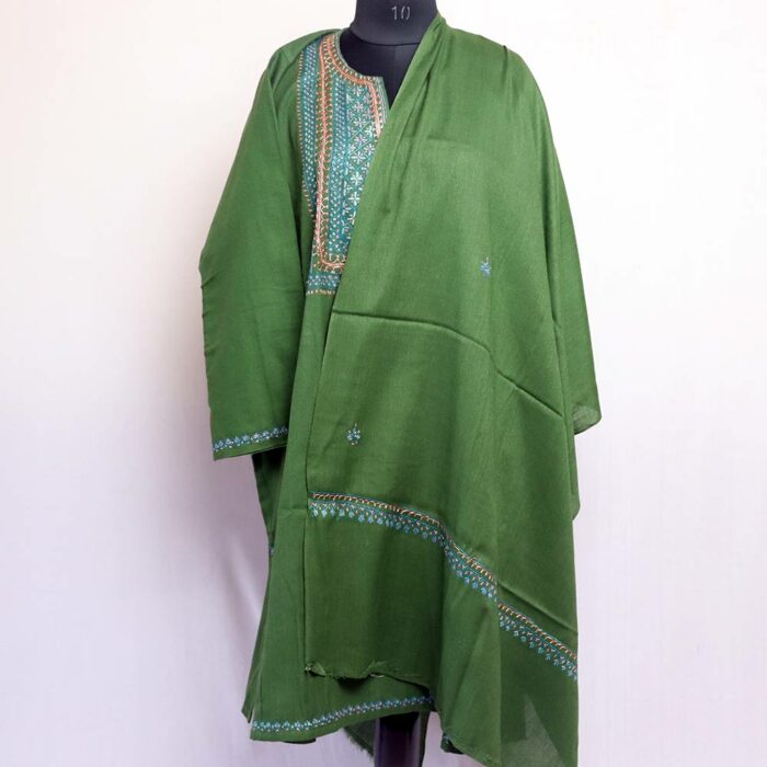 Dark Green Handwork Tilla and Sozni Raffal Pheran with Stole - Image 2