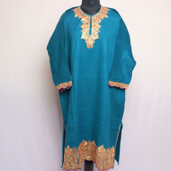 Blue Aabi Raffal Kashmiri Pheran With Border Tilla Work