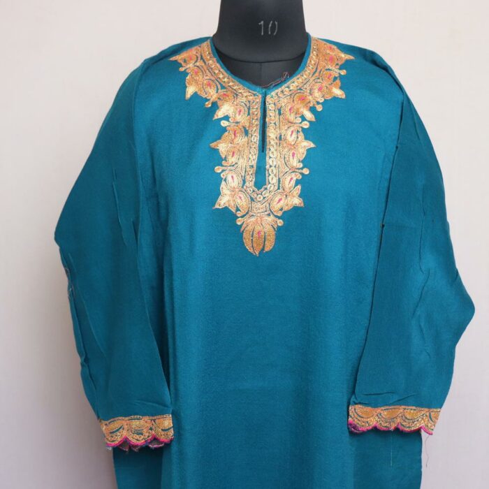 Blue Aabi Raffal Kashmiri Pheran With Border Tilla Work - Image 2