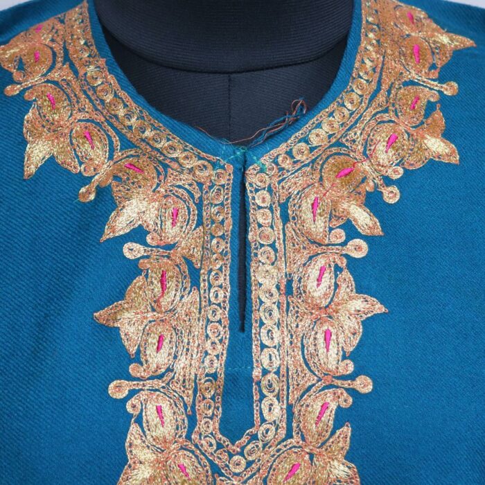 Blue Aabi Raffal Kashmiri Pheran With Border Tilla Work - Image 3