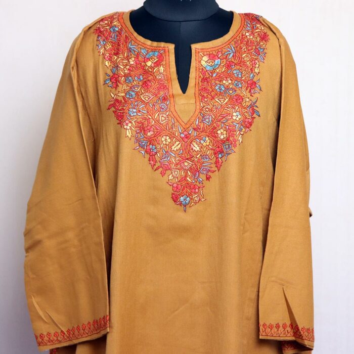 Light Mustard Handwork Sozni Raffal Pheran with Stole - Image 2
