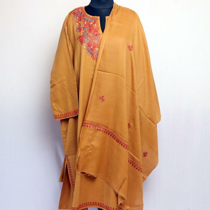 Light Mustard Handwork Sozni Raffal Pheran with Stole - Image 4