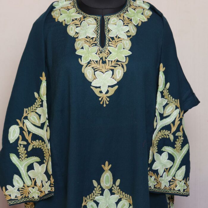 Teal Green Raffal Aari Border Pheran - Image 2