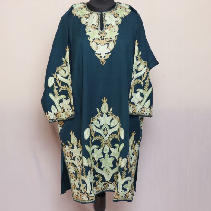 Teal Green Raffal Aari Border Pheran
