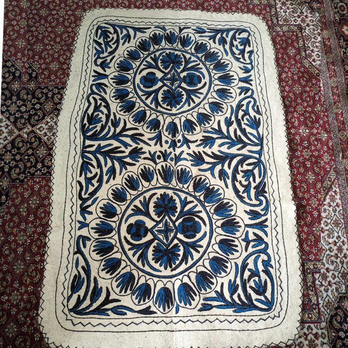 Vintage White Blue Handmade Aari Embroidered Namda Rug 5.5×3.5FT