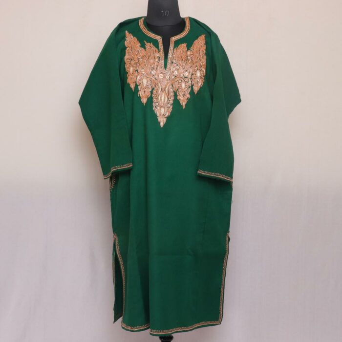 Dark Green Pure Wool Kashmiri Pheran With Tilla Naal Embroidery