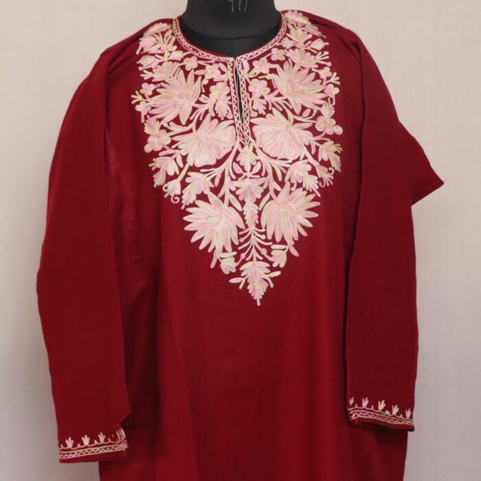 Kashmiri Phiren | Maroon Cashmilon with Aari Work