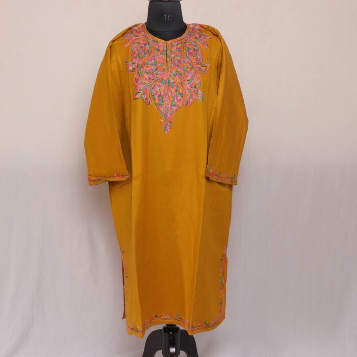 Light Mustard Cashmilon Kashmiri Pheran with Aari Work - Image 2