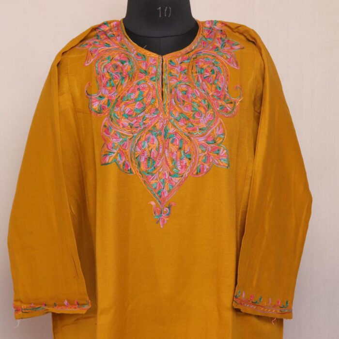 Light Mustard Cashmilon Kashmiri Pheran with Aari Work