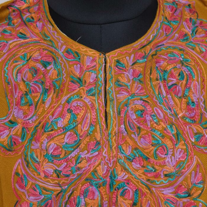 Light Mustard Cashmilon Kashmiri Pheran with Aari Work - Image 3