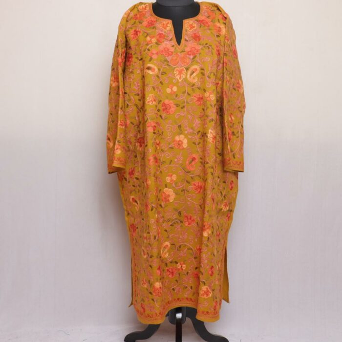 Mustard Pure Wool Jal Aari All Over Kashmiri Pheran