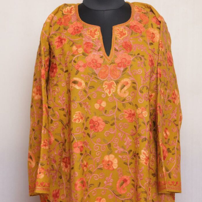 Mustard Pure Wool Jal Aari All Over Kashmiri Pheran - Image 2