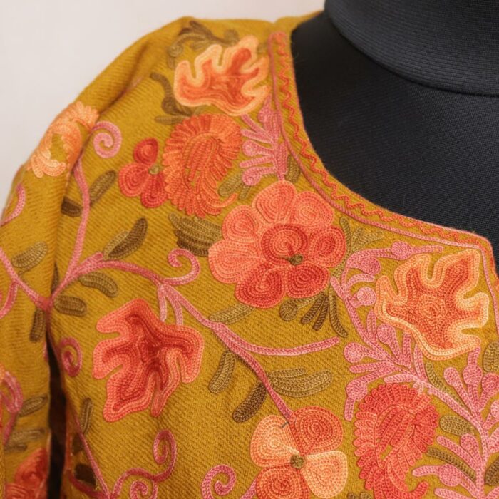 Mustard Pure Wool Jal Aari All Over Kashmiri Pheran - Image 3