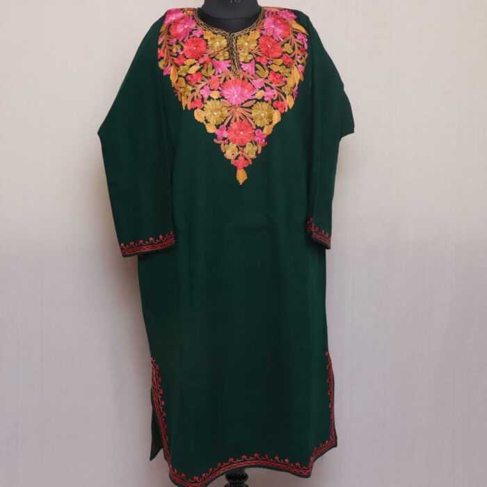 Dark Green Pampori Kashmiri Pheran with Aari Embroidery