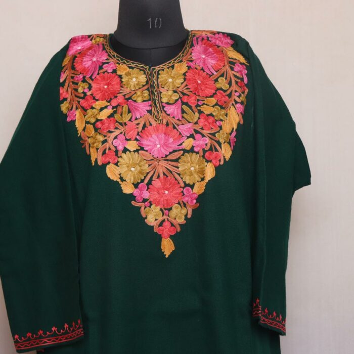 Dark Green Pampori Kashmiri Pheran with Aari Embroidery - Image 2