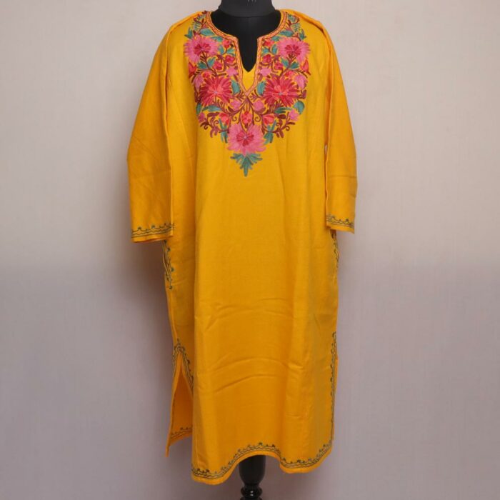 Yellow Shahi Floral Kashmiri Pheran with Aari Work