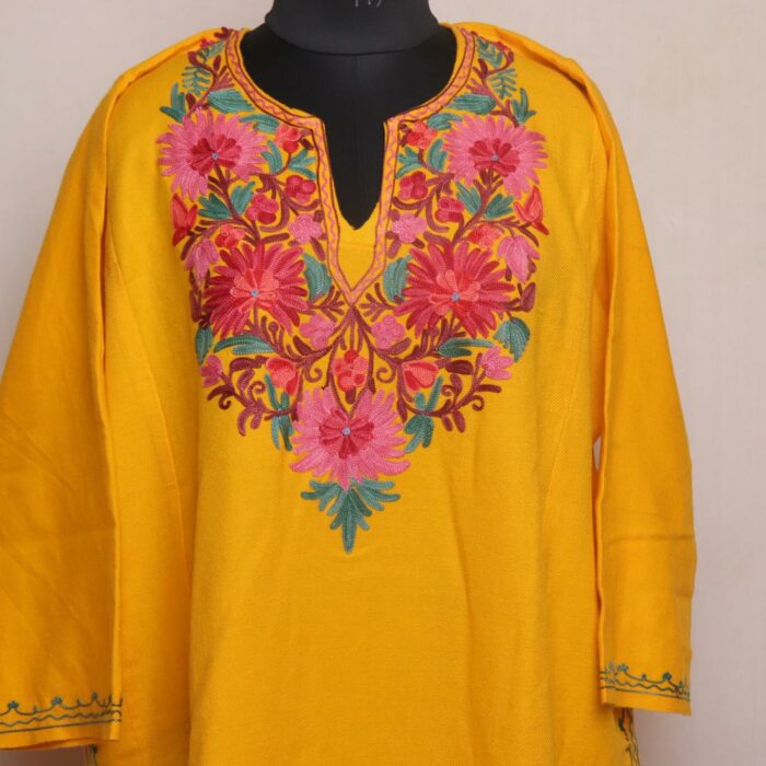Yellow Shahi Floral Kashmiri Pheran with Aari Work - Image 2