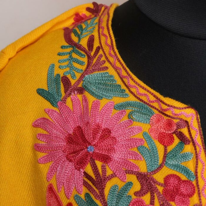 Yellow Shahi Floral Kashmiri Pheran with Aari Work - Image 3