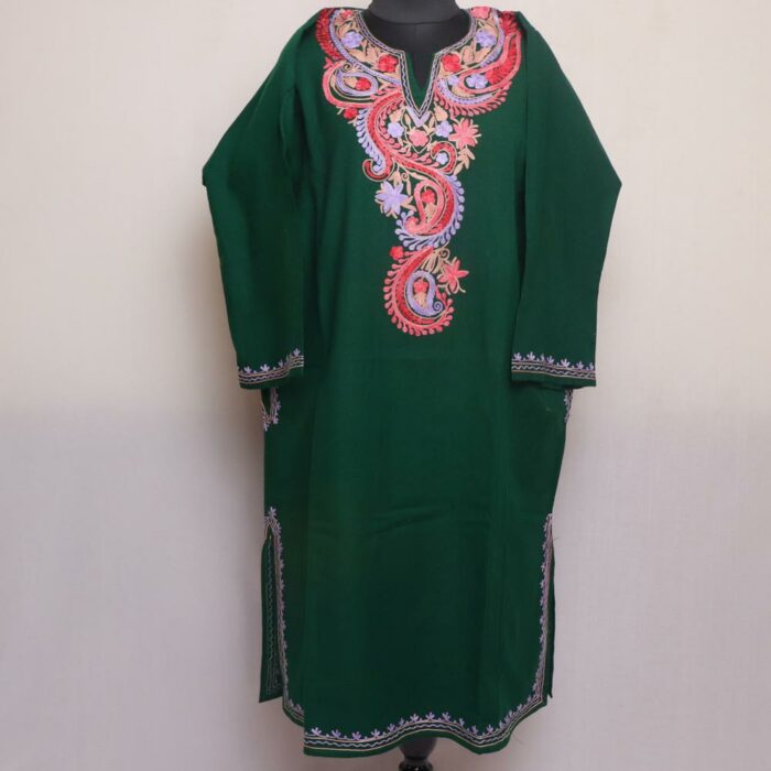Dark Green Khanday Cashmilon Pheran with Aari Embroidery