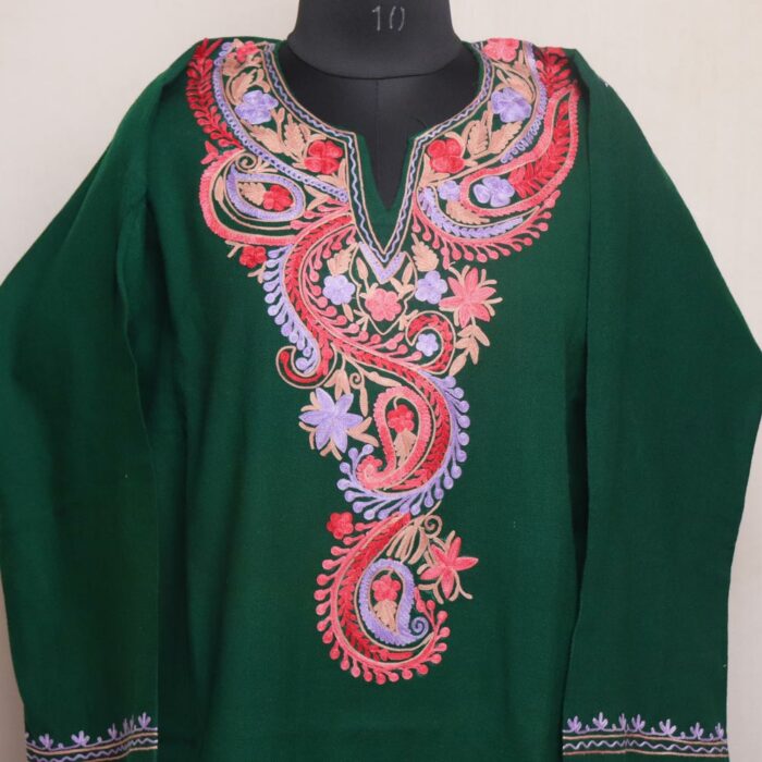 Dark Green Khanday Cashmilon Pheran with Aari Embroidery - Image 2