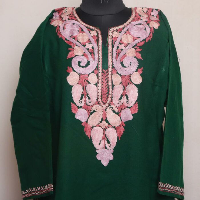 Dark Green Amara Cashmilon Pheran with Aari Embroidery - Image 2