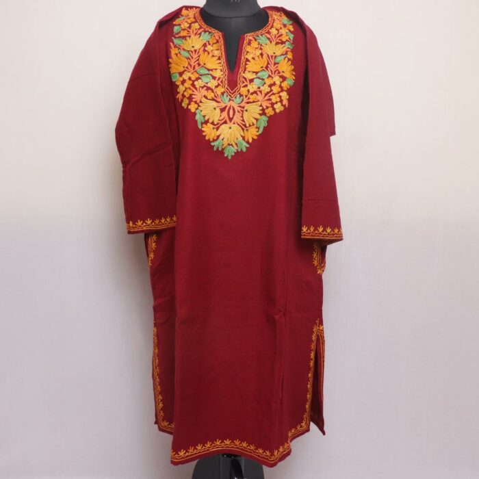 Maroon Nazakat Cashmilon Pheran with Aari Embroidery