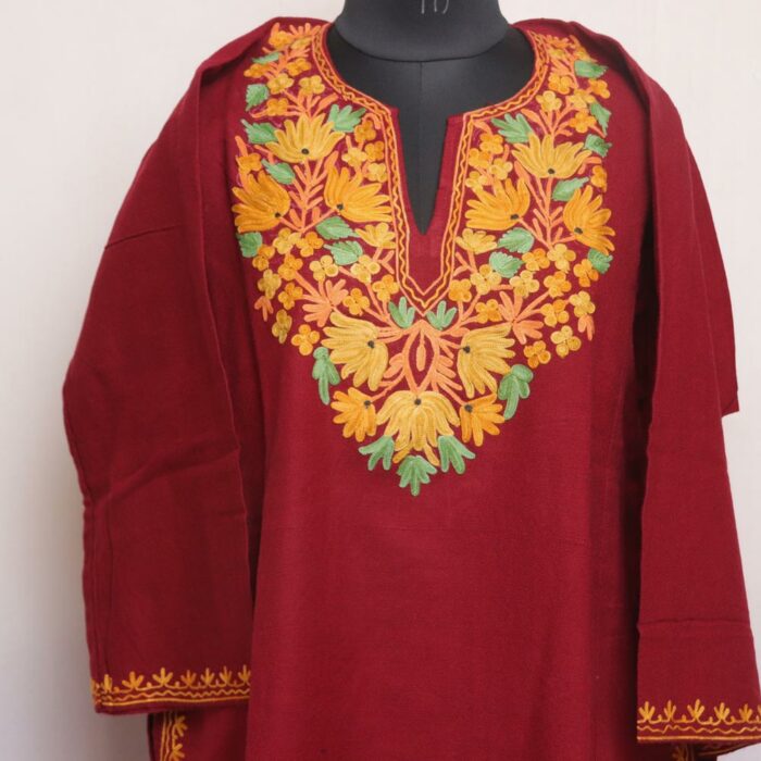 Maroon Nazakat Cashmilon Pheran with Aari Embroidery - Image 2
