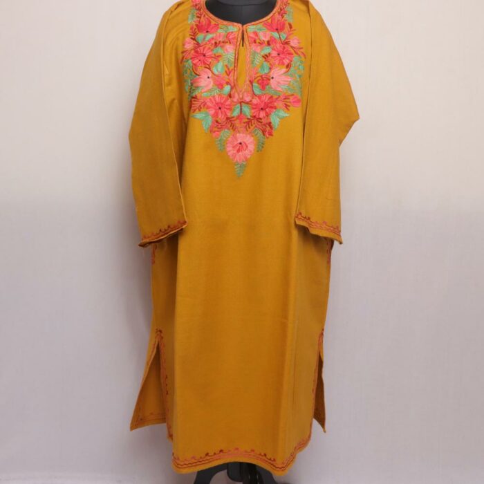 Mustard Cashmilon Pheran with Aari Embroidery