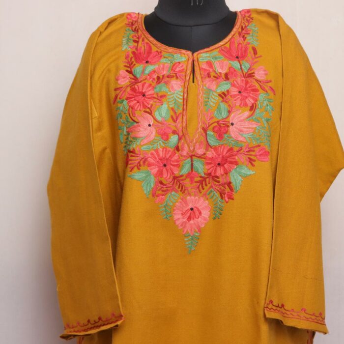 Mustard Cashmilon Pheran with Aari Embroidery - Image 3