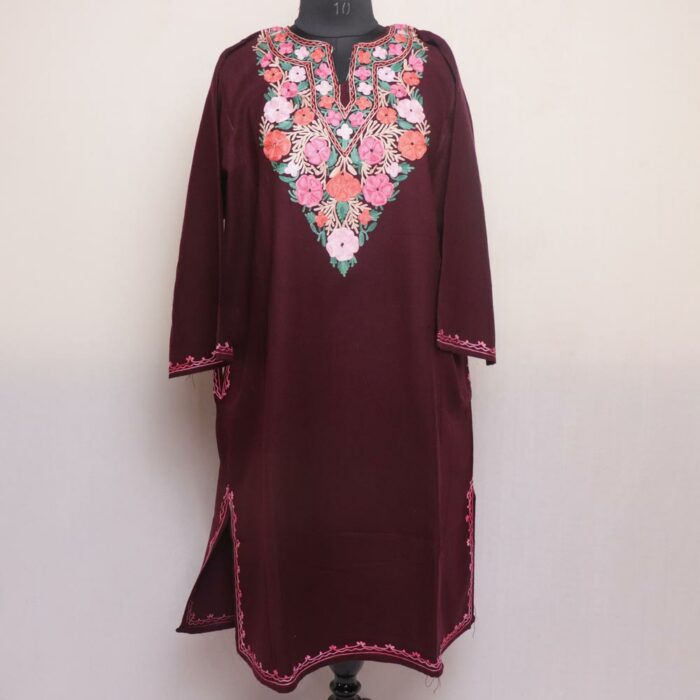 Wine Cashmilon Pheran with Aari Embroidery