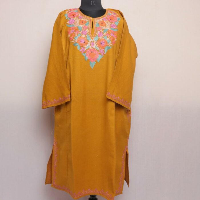 Mustard Miri Cashmilon Pheran with Aari Embroidery