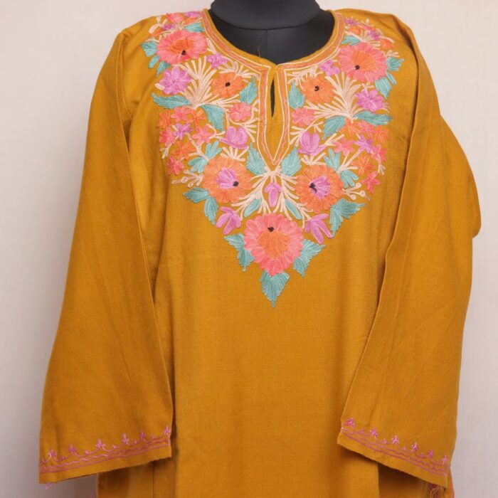 Mustard Miri Cashmilon Pheran with Aari Embroidery - Image 2
