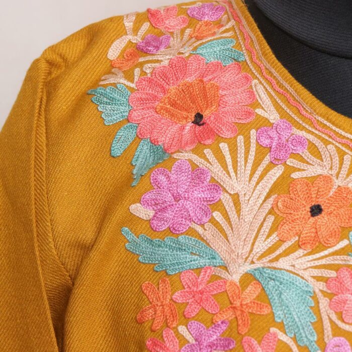 Mustard Miri Cashmilon Pheran with Aari Embroidery - Image 3