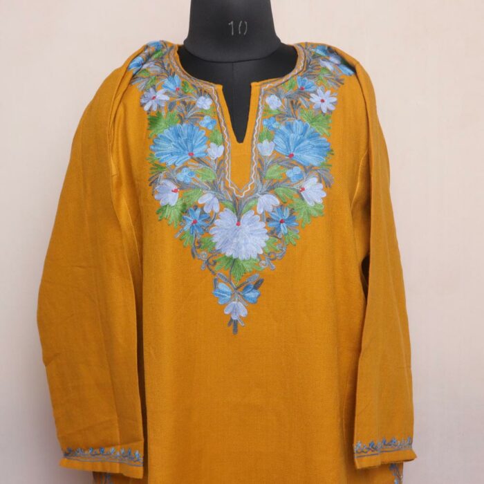Mustard Shamsi Cashmilon Pheran with Aari Embroidery - Image 2