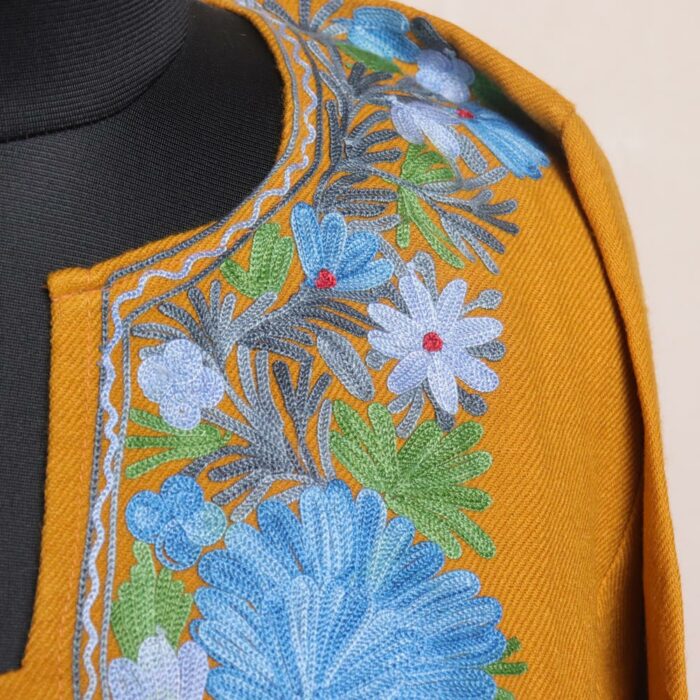 Mustard Shamsi Cashmilon Pheran with Aari Embroidery - Image 3