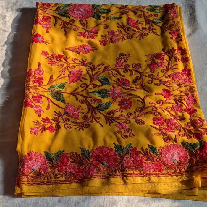 Gorgeous Yellow Georgette Aari Embroidered Kashmiri Saree