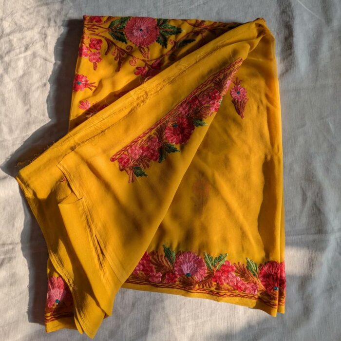 Gorgeous Yellow Georgette Aari Embroidered Kashmiri Saree - Image 2