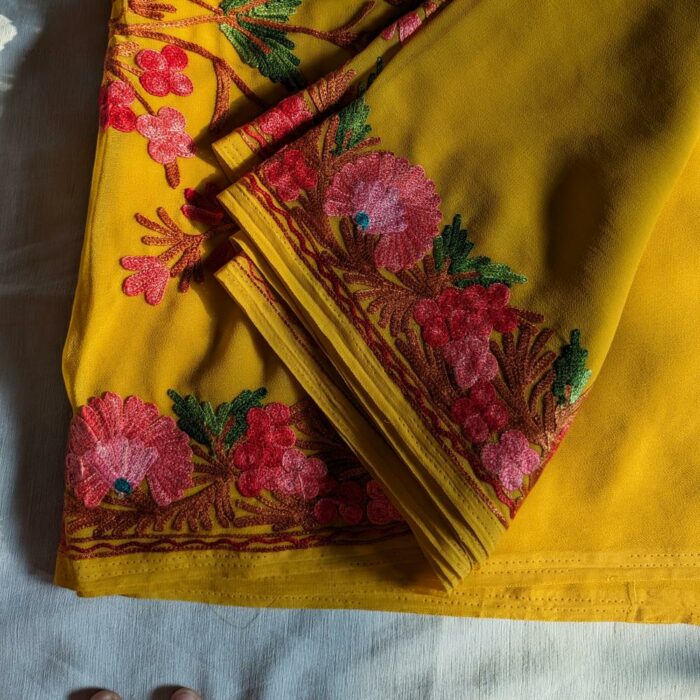 Gorgeous Yellow Georgette Aari Embroidered Kashmiri Saree - Image 3