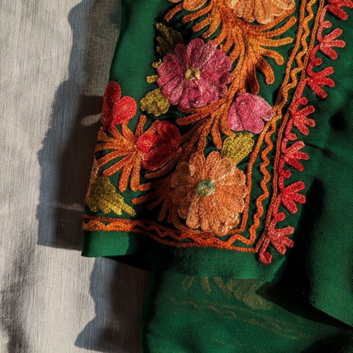 Bottle Green Georgette Kashmiri Saree With Aari Embroidery - Image 3